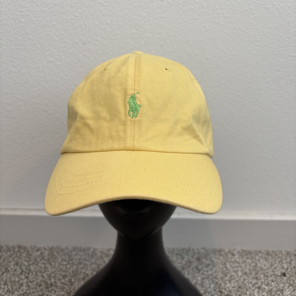 Vintage Polo Ralph Lauren Yellow Cap‎ Hat OS Adjustable Leather Strap Green Pony